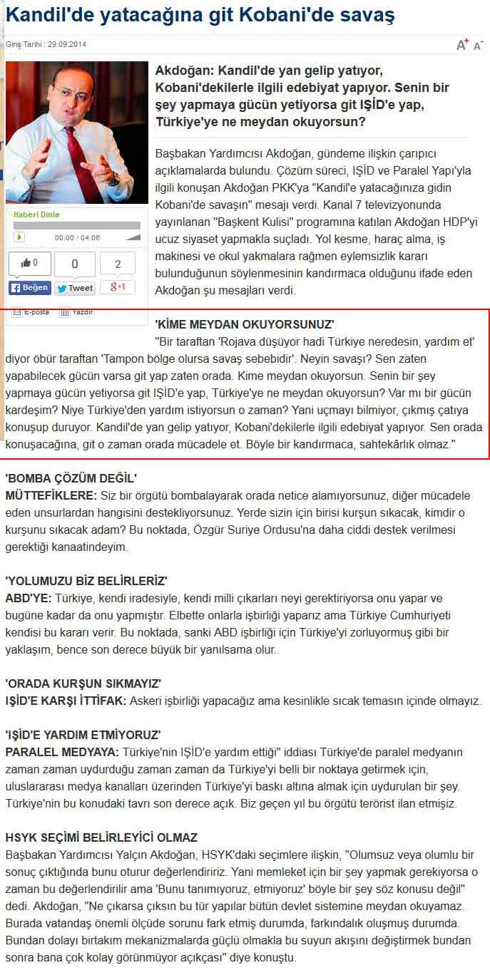 Mr. Yalçın Akdoğan: If The PKK Dares, They Can Go To Kobane And Fight ISIL