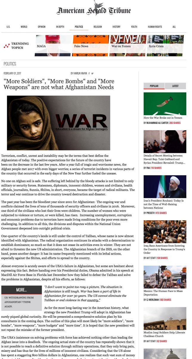 Afganistan’ın İhtiyacı “Daha Fazla Asker”, “Daha Fazla Bomba” ve “Daha Fazla Silah” Değil