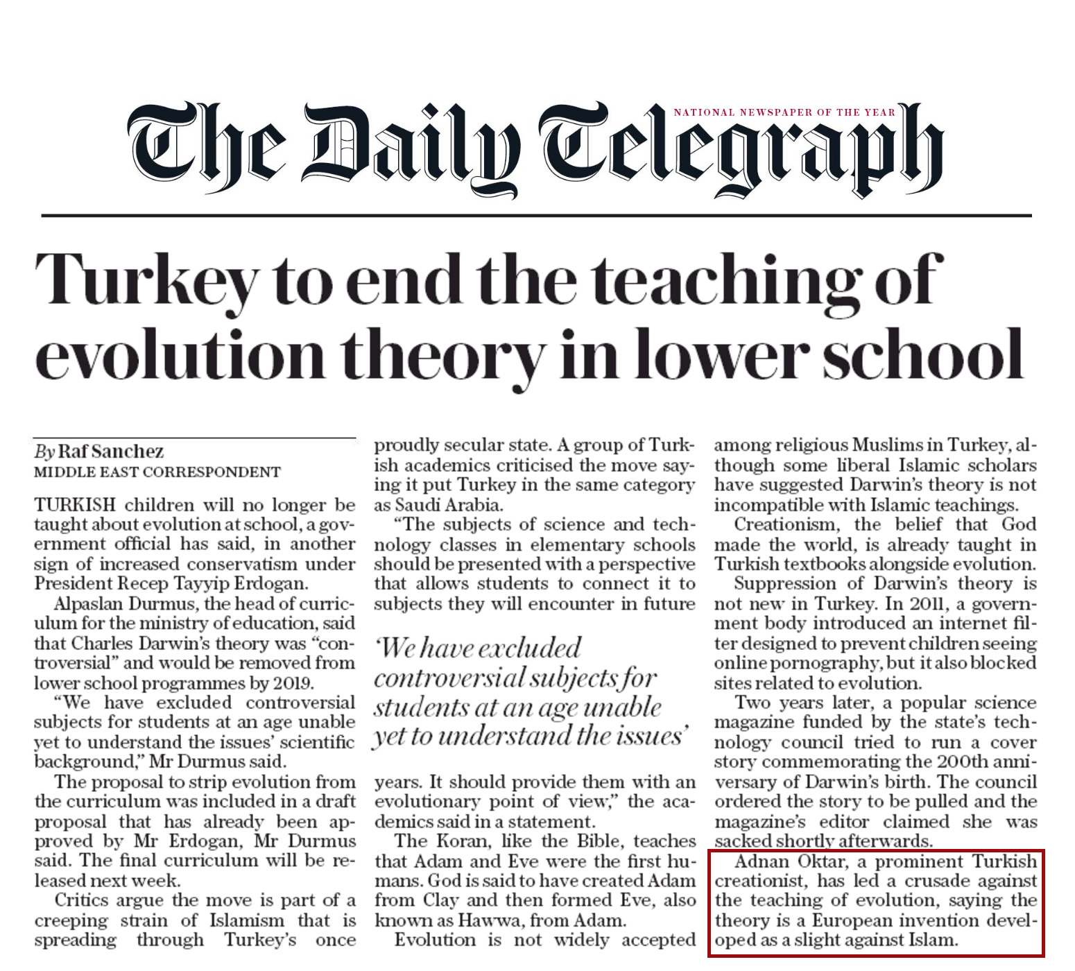 Daily Telegraph: Ünlü Yaratılışçı Adnan Oktar evri