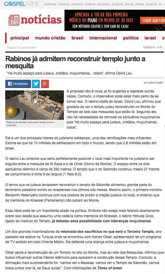 Adnan Oktar’ın Süleyman Mescidinin yeniden inşası konusundaki sözleri Brezilya Basınında 