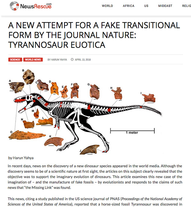 A new attempt for a fake transitional form by the Journal Nature: Tyrannosaur Euotica