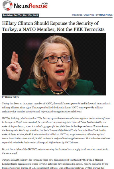 Adnan Oktar: Hillary Clinton PKK’lı Teröristleri değil, NATO Üyesi Olan Türkiye’nin Güvenliğini Savunmalıdır